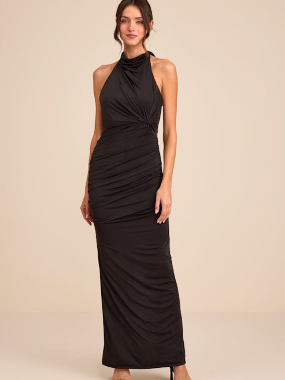 Lulus Seraiah Black Knotted Ruched Halter Maxi Dress - Size S